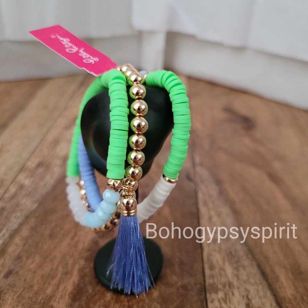 NWT $58 Lilly Pulitzer Gold Tone Colorful Triple Strand Tassel Stretch B…